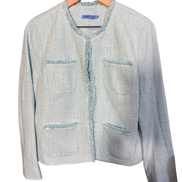 J.McLaughlin Womens Tweed Fringe Trim Open Front Jacket Size S Blue - Picture 1 of 5
